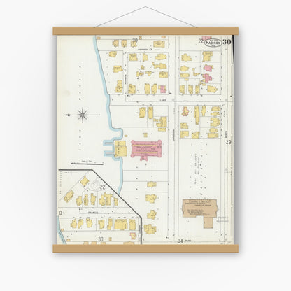 Old map wall art mockup — magnetic wood frame on white wall — Sanborn Fire Insurance Map from Madison, Dane County, Wisconsin (1902), Sheet #0030