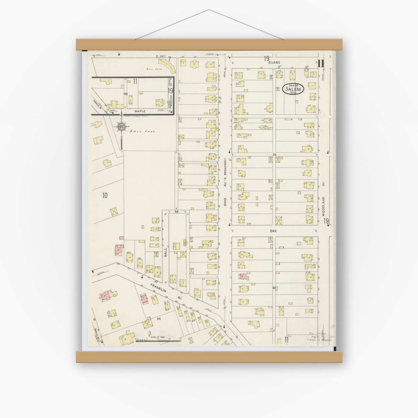 Old map wall art mockup — magnetic wood frame on white wall — Sanborn Fire Insurance Map from Salem, Columbiana County, Ohio (1915), Sheet #0011
