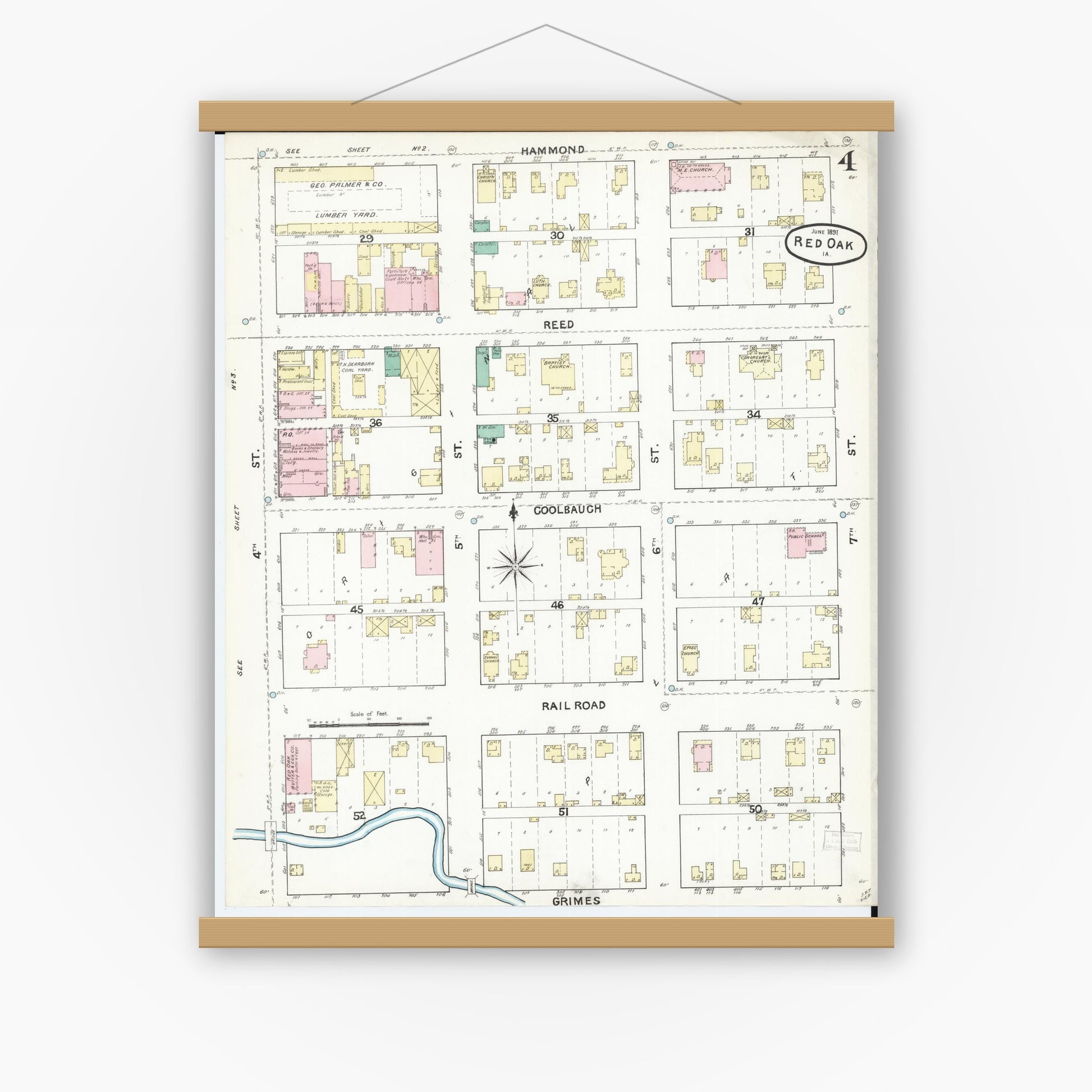 Old map wall art mockup — magnetic wood frame on white wall — Sanborn Fire Insurance Map from Red Oak, Montgomery County, Iowa (1891), Sheet #0004