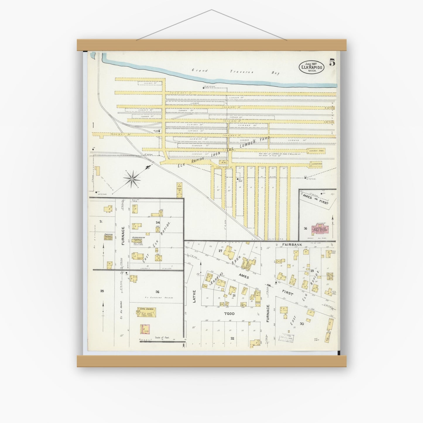 Old map wall art mockup — magnetic wood frame on white wall — Sanborn Fire Insurance Map from Elk Rapids, Antrim County, Michigan (1907), Sheet #0005
