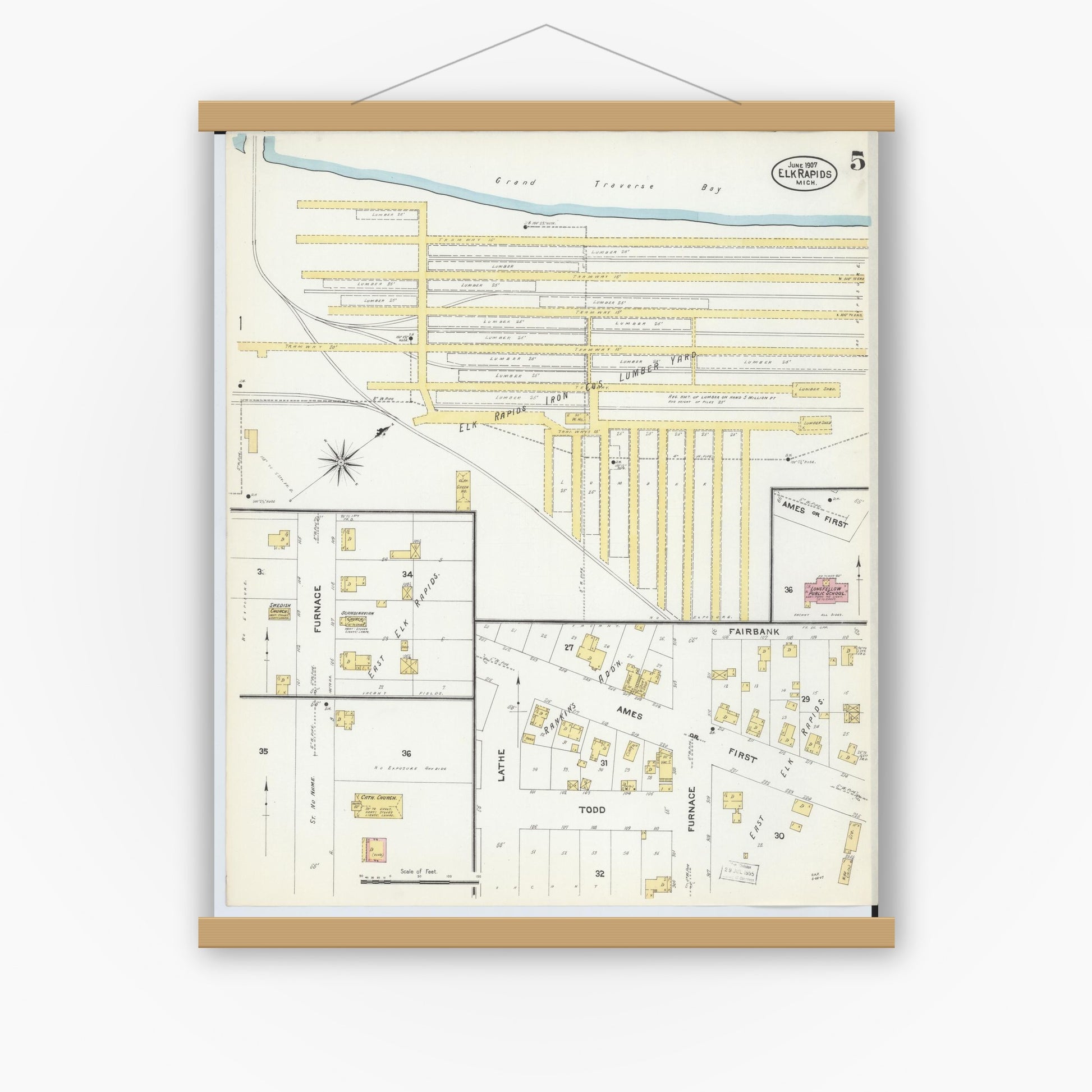 Old map wall art mockup — magnetic wood frame on white wall — Sanborn Fire Insurance Map from Elk Rapids, Antrim County, Michigan (1907), Sheet #0005