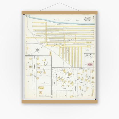 Old map wall art mockup — magnetic wood frame on white wall — Sanborn Fire Insurance Map from Elk Rapids, Antrim County, Michigan (1907), Sheet #0005