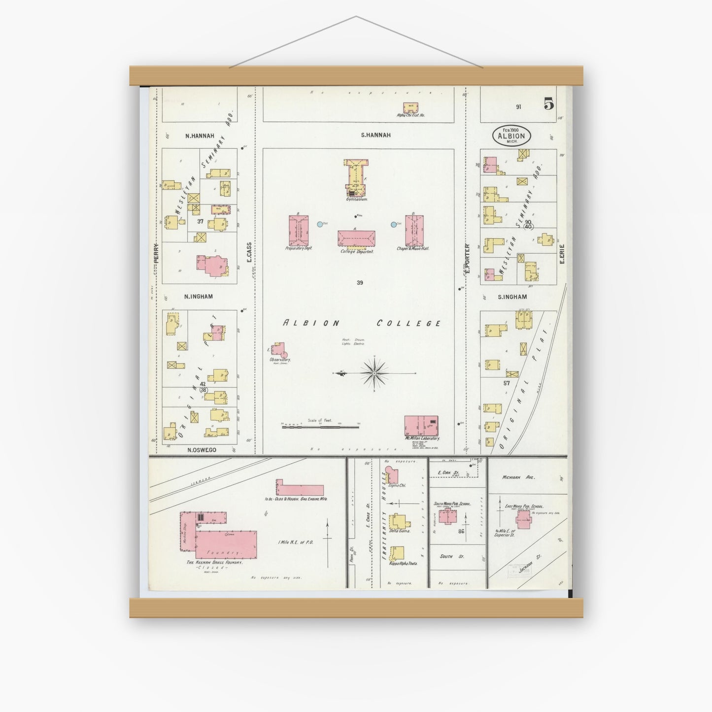 Old map wall art mockup — magnetic wood frame on white wall — Sanborn Fire Insurance Map from Albion, Calhoun County, Michigan (1900), Sheet #0005
