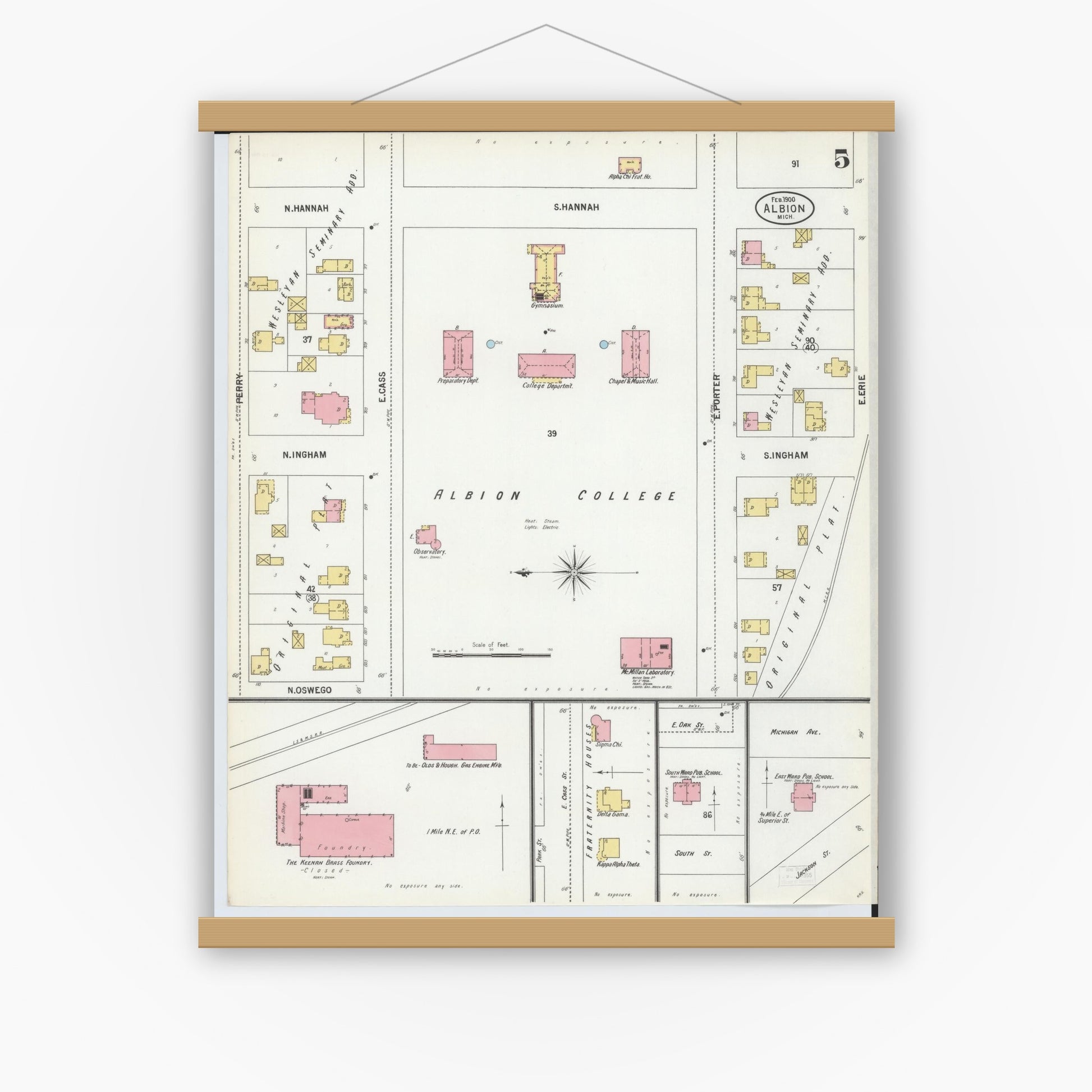 Old map wall art mockup — magnetic wood frame on white wall — Sanborn Fire Insurance Map from Albion, Calhoun County, Michigan (1900), Sheet #0005