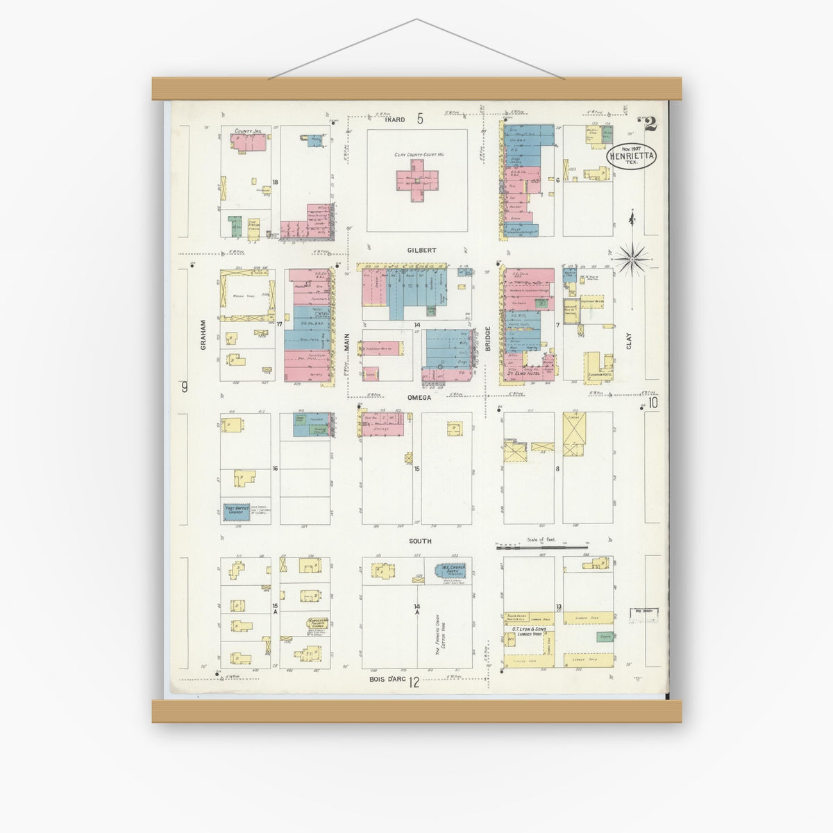 Old map wall art mockup — magnetic wood frame on white wall — Sanborn Fire Insurance Map from Henrietta, Clay County, Texas (1907), Sheet #0002