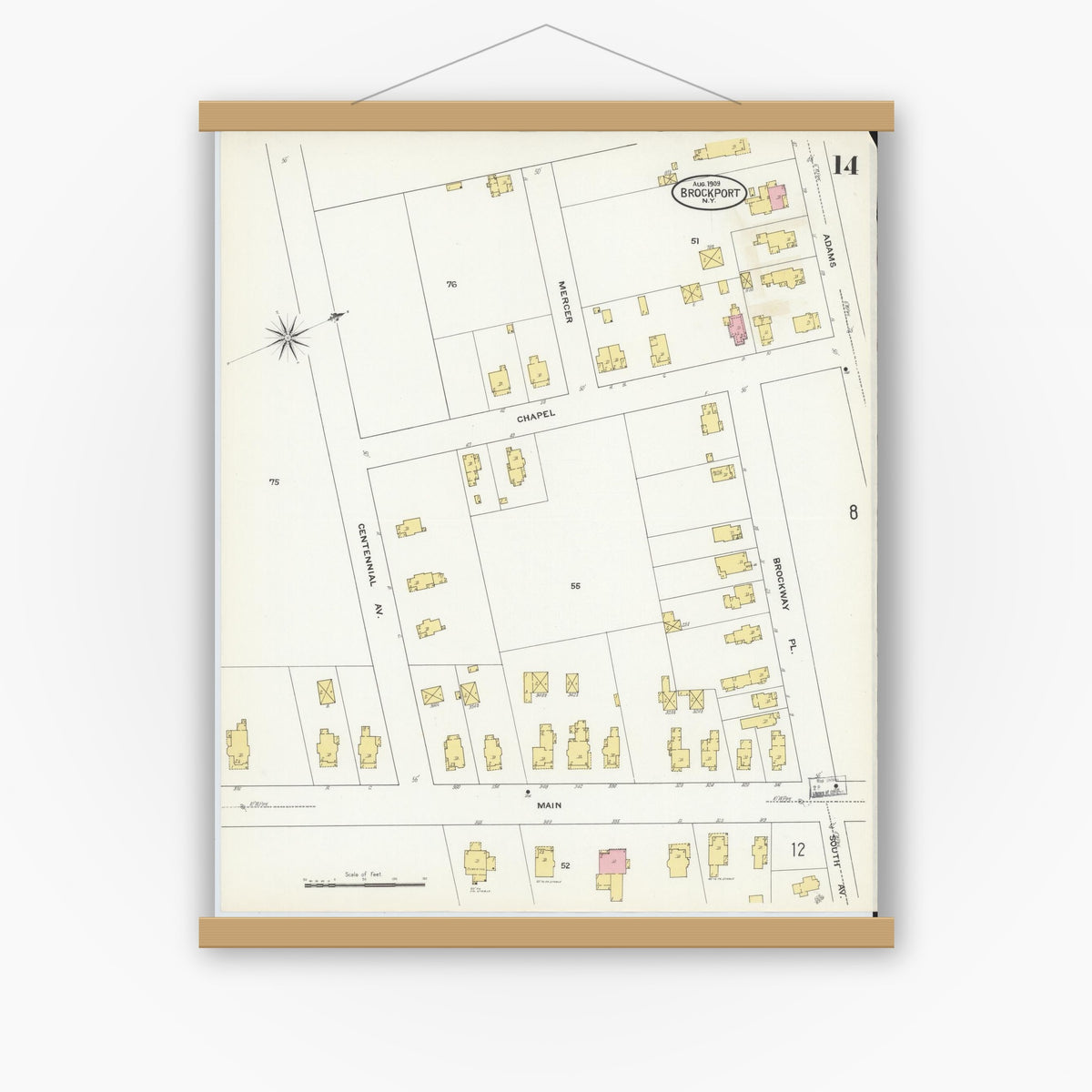 Old map wall art mockup — magnetic wood frame on white wall — Sanborn Fire Insurance Map from Brockport, Monroe County, New York (1909), Sheet #0014