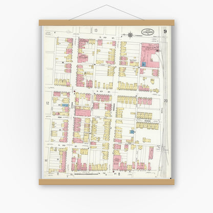 Old map wall art mockup — magnetic wood frame on white wall — Sanborn Fire Insurance Map from Lebanon, Lebanon County, Pennsylvania (1912), Sheet #0009
