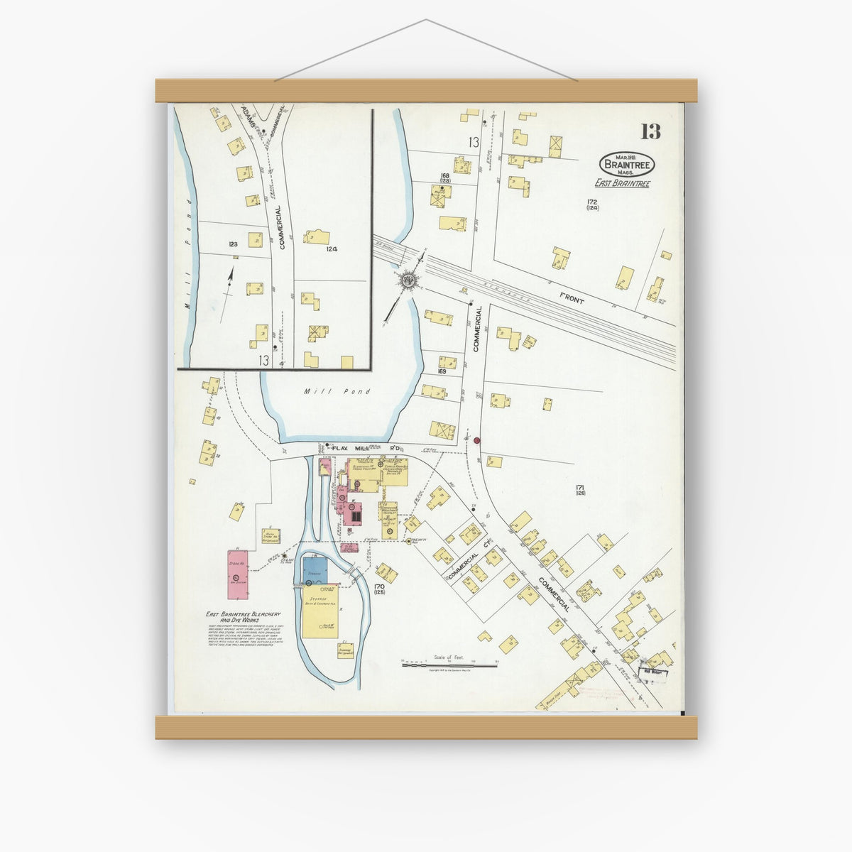 Old map wall art mockup — magnetic wood frame on white wall — Sanborn Fire Insurance Map from Braintree, Norfolk County, Massachusetts (1919), Sheet #0013