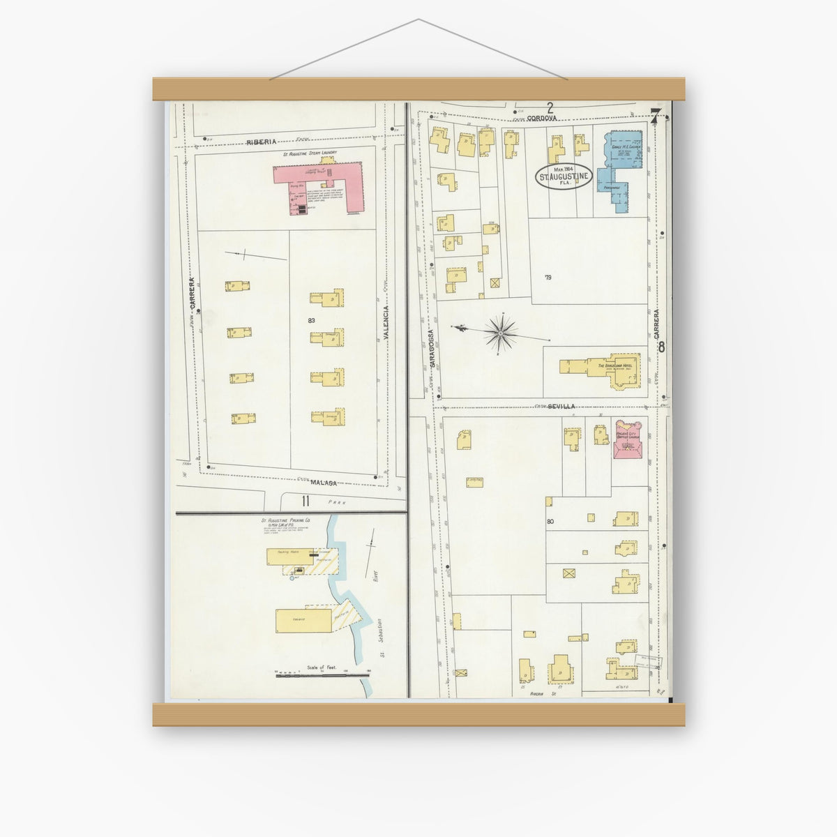 Old map wall art mockup — magnetic wood frame on white wall — Sanborn Fire Insurance Map from Saint Augustine, Saint John's County, Florida (1904), Sheet #0007