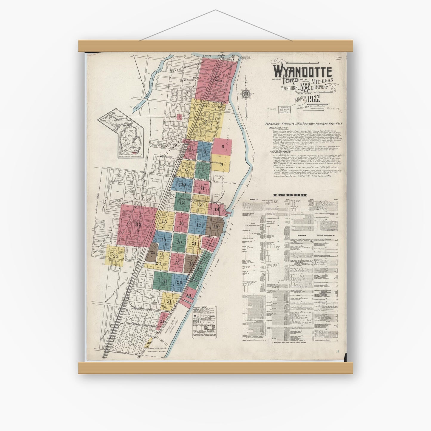 Old map wall art mockup — magnetic wood frame on white wall — Sanborn Fire Insurance Map from Wyandotte, Wayne County, Michigan (1922), Sheet #0001