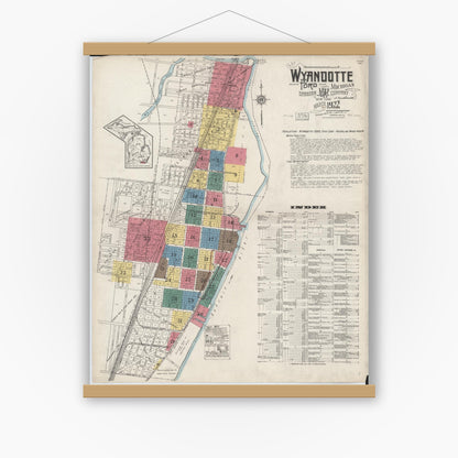 Old map wall art mockup — magnetic wood frame on white wall — Sanborn Fire Insurance Map from Wyandotte, Wayne County, Michigan (1922), Sheet #0001