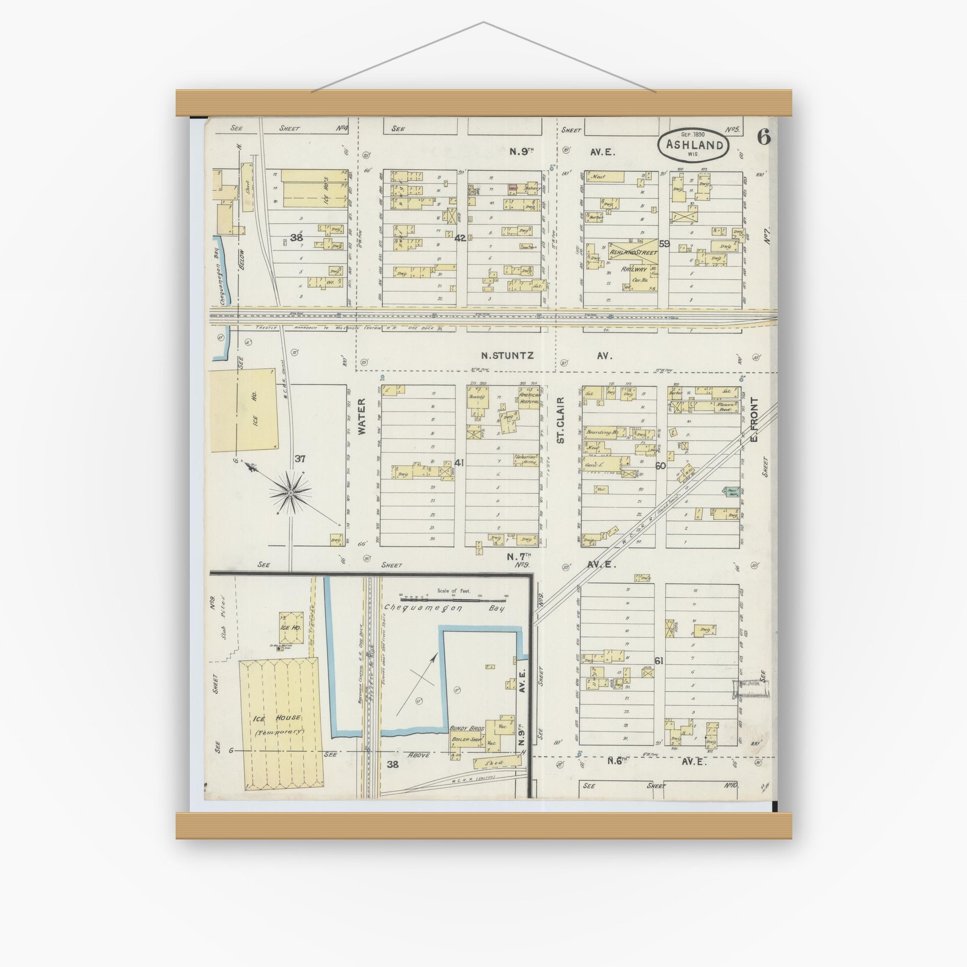 Old map wall art mockup — magnetic wood frame on white wall — Sanborn Fire Insurance Map from Ashland, Ashland County, Wisconsin (1890), Sheet #0006