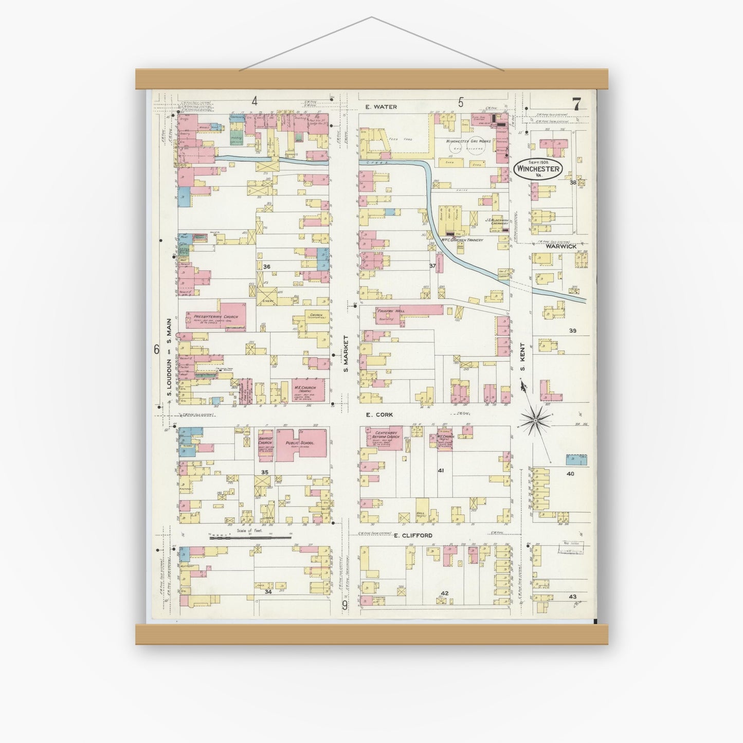 Old map wall art mockup — magnetic wood frame on white wall — Sanborn Fire Insurance Map from Winchester, Independent Cities, Virginia (1908), Sheet #0007