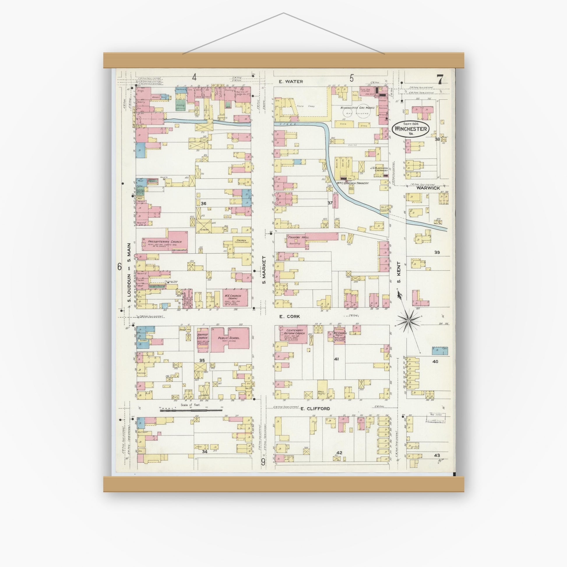 Old map wall art mockup — magnetic wood frame on white wall — Sanborn Fire Insurance Map from Winchester, Independent Cities, Virginia (1908), Sheet #0007