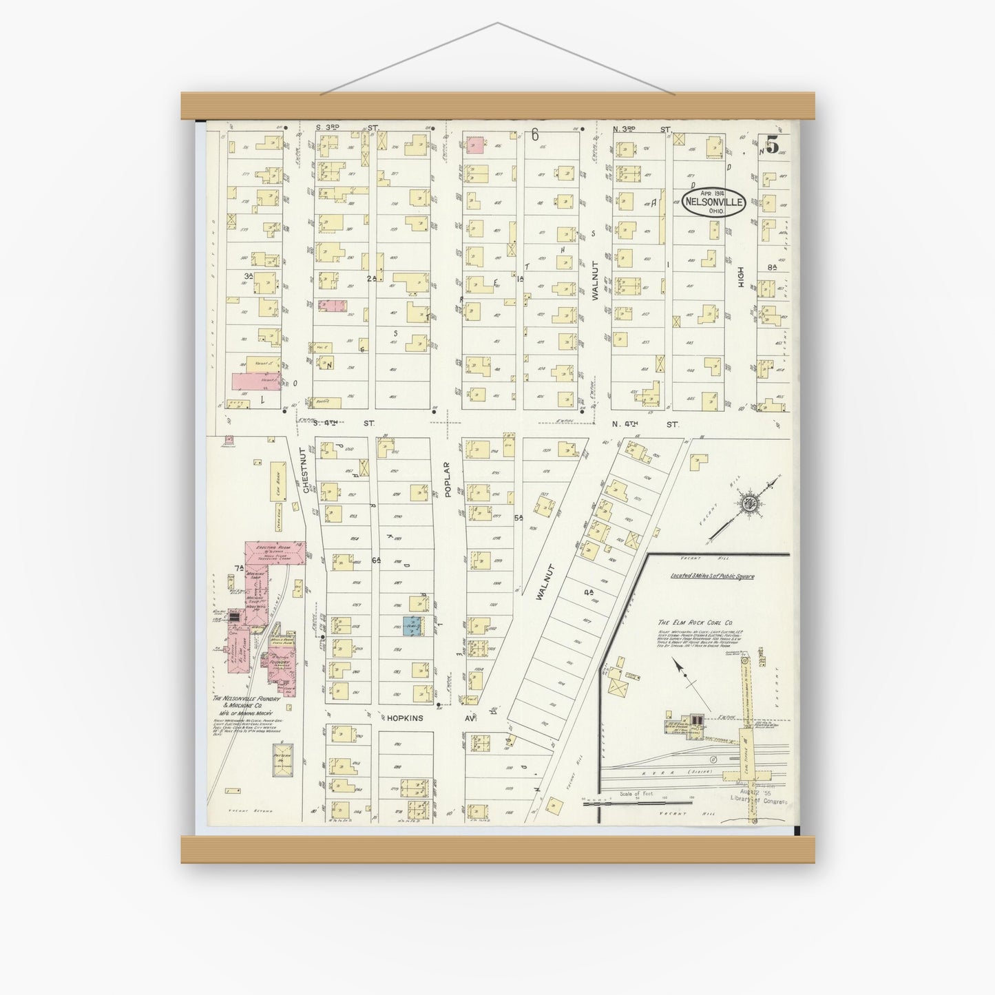 Old map wall art mockup — magnetic wood frame on white wall — Sanborn Fire Insurance Map from Nelsonville, Athens County, Ohio (1914), Sheet #0005