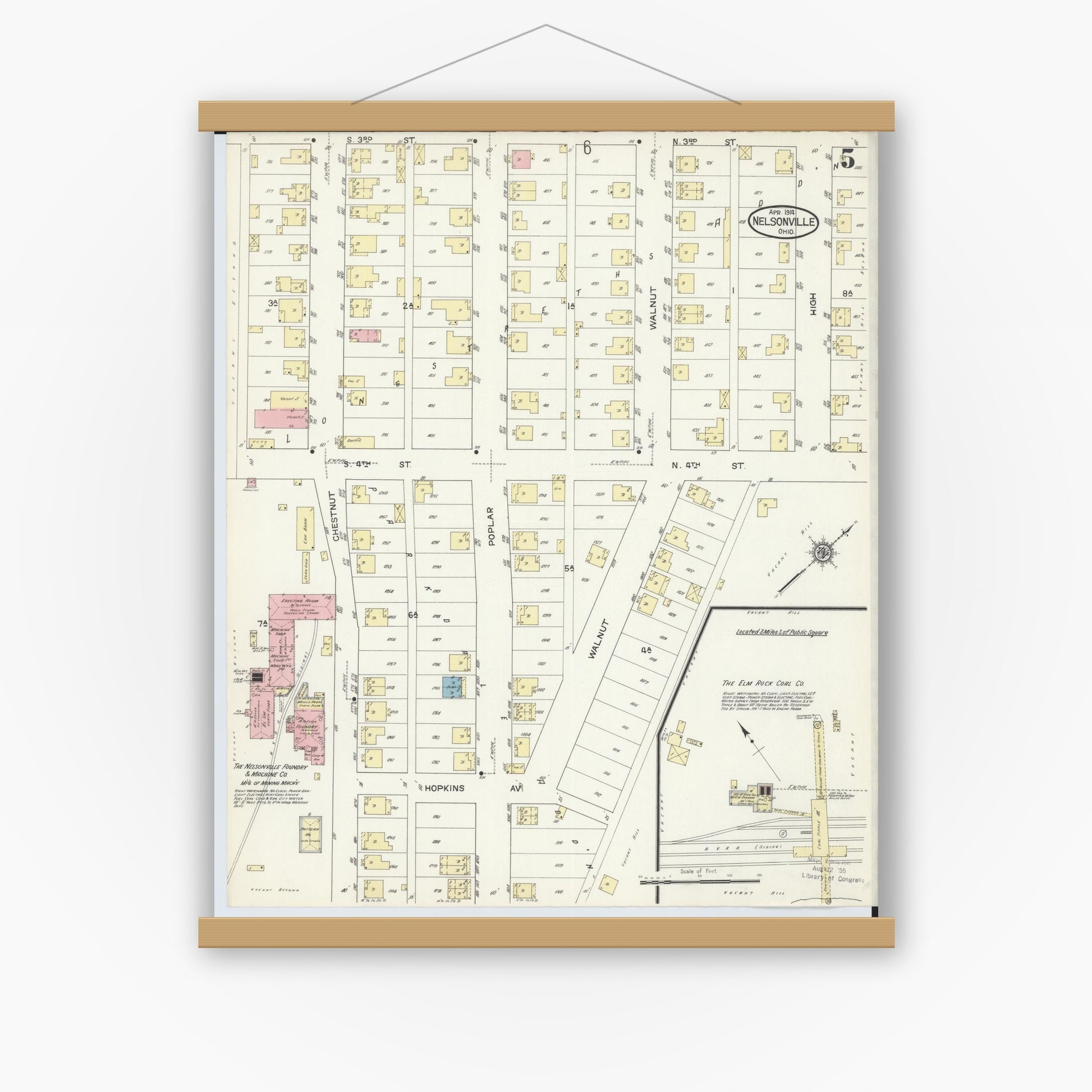 Old map wall art mockup — magnetic wood frame on white wall — Sanborn Fire Insurance Map from Nelsonville, Athens County, Ohio (1914), Sheet #0005