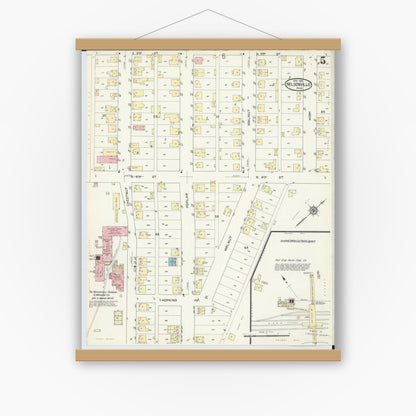 Old map wall art mockup — magnetic wood frame on white wall — Sanborn Fire Insurance Map from Nelsonville, Athens County, Ohio (1914), Sheet #0005