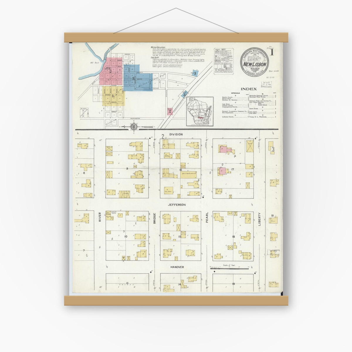 Old map wall art mockup — magnetic wood frame on white wall — Sanborn Fire Insurance Map from New Lisbon, Juneau County, Wisconsin (1916) - Complete Map Set