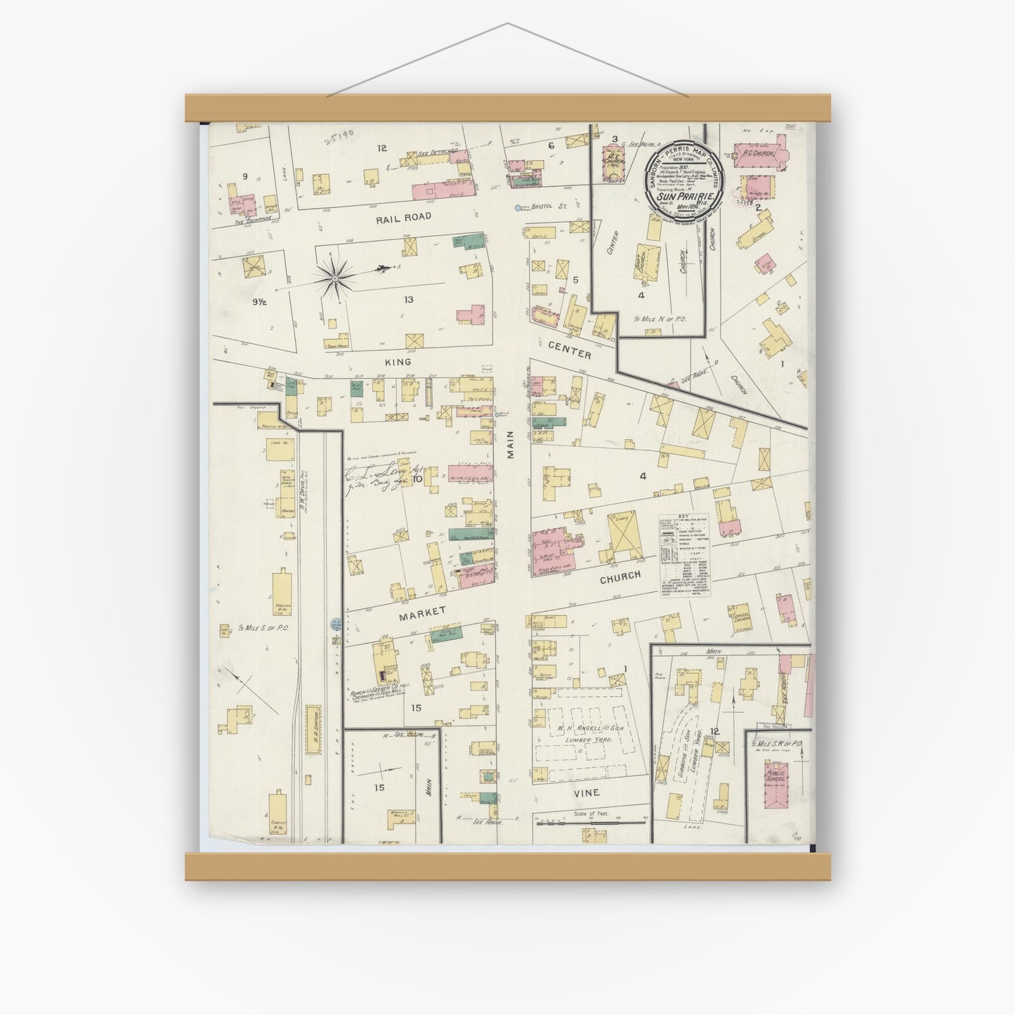 Old map wall art mockup — magnetic wood frame on white wall — Sanborn Fire Insurance Map from Sun Prairie, Dane County, Wisconsin (1894), Sheet #0001
