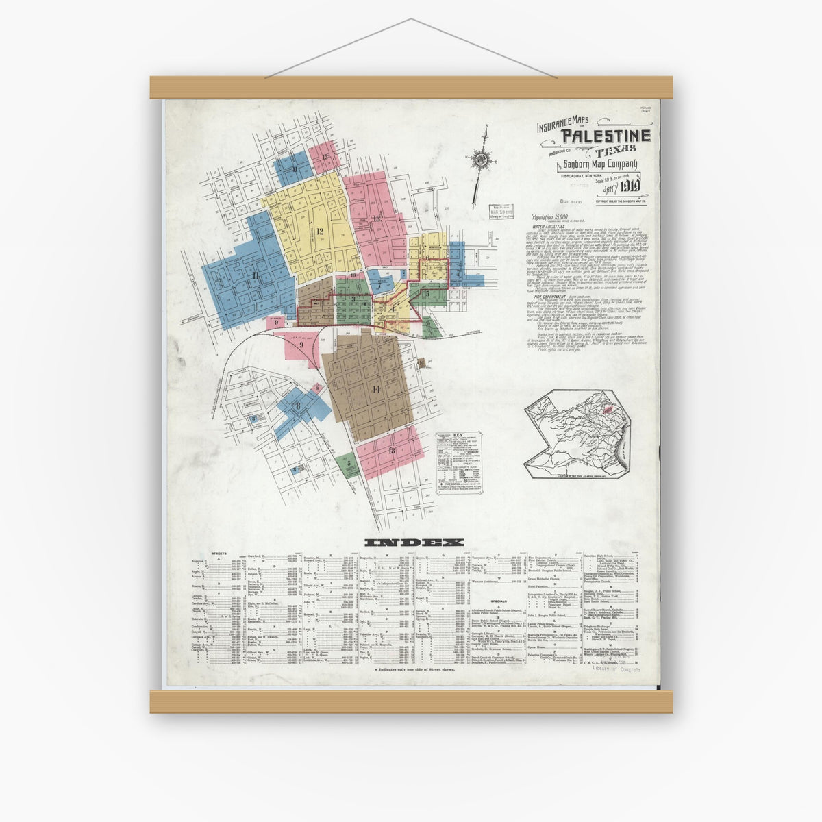 Old map wall art mockup — magnetic wood frame on white wall — Sanborn Fire Insurance Map from Palestine, Anderson County, Texas (1919) - Complete Map Set
