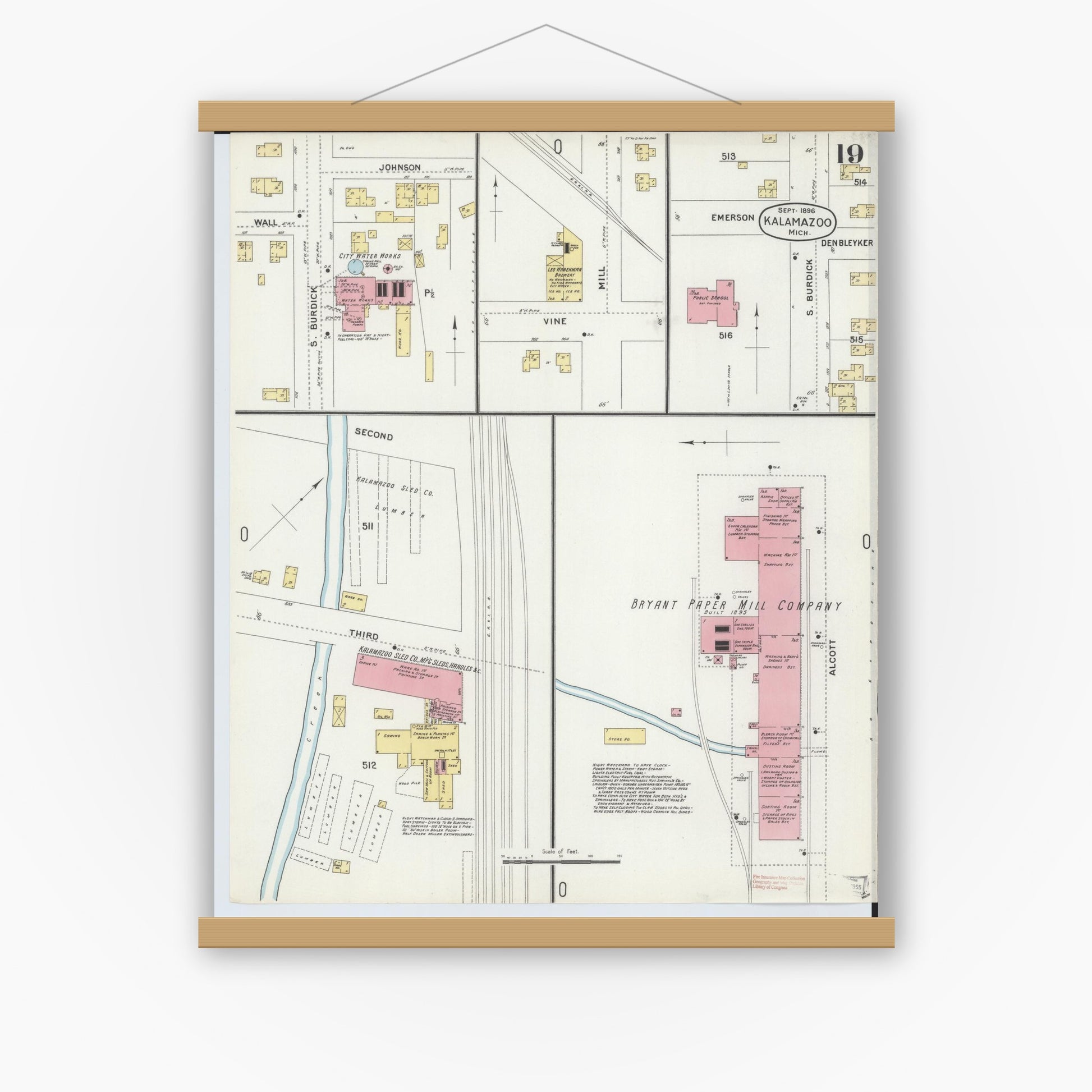 Old map wall art mockup — magnetic wood frame on white wall — Sanborn Fire Insurance Map from Kalamazoo, Kalamazoo County, Michigan (1896), Sheet #0019