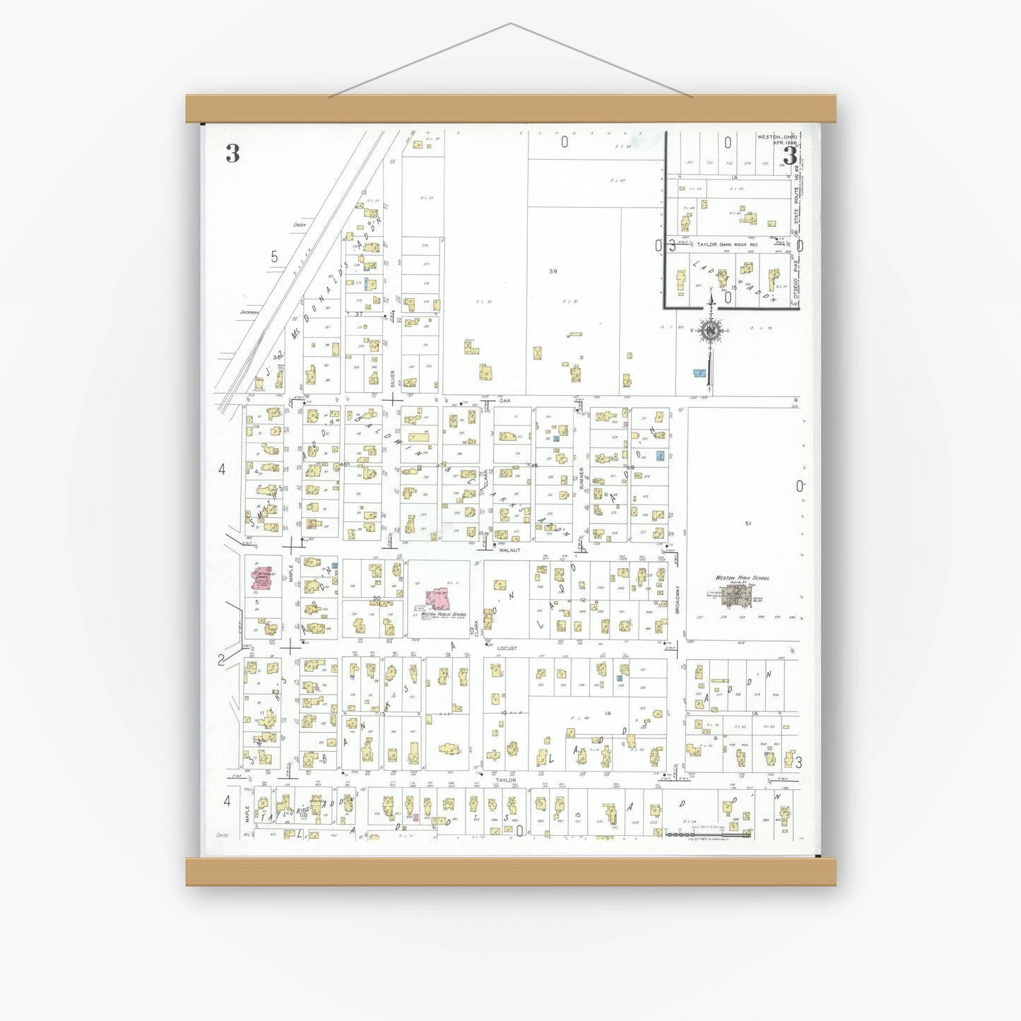 Old map wall art mockup — magnetic wood frame on white wall — Sanborn Fire Insurance Map from Weston, Wood County, Ohio (1948), Sheet #0003