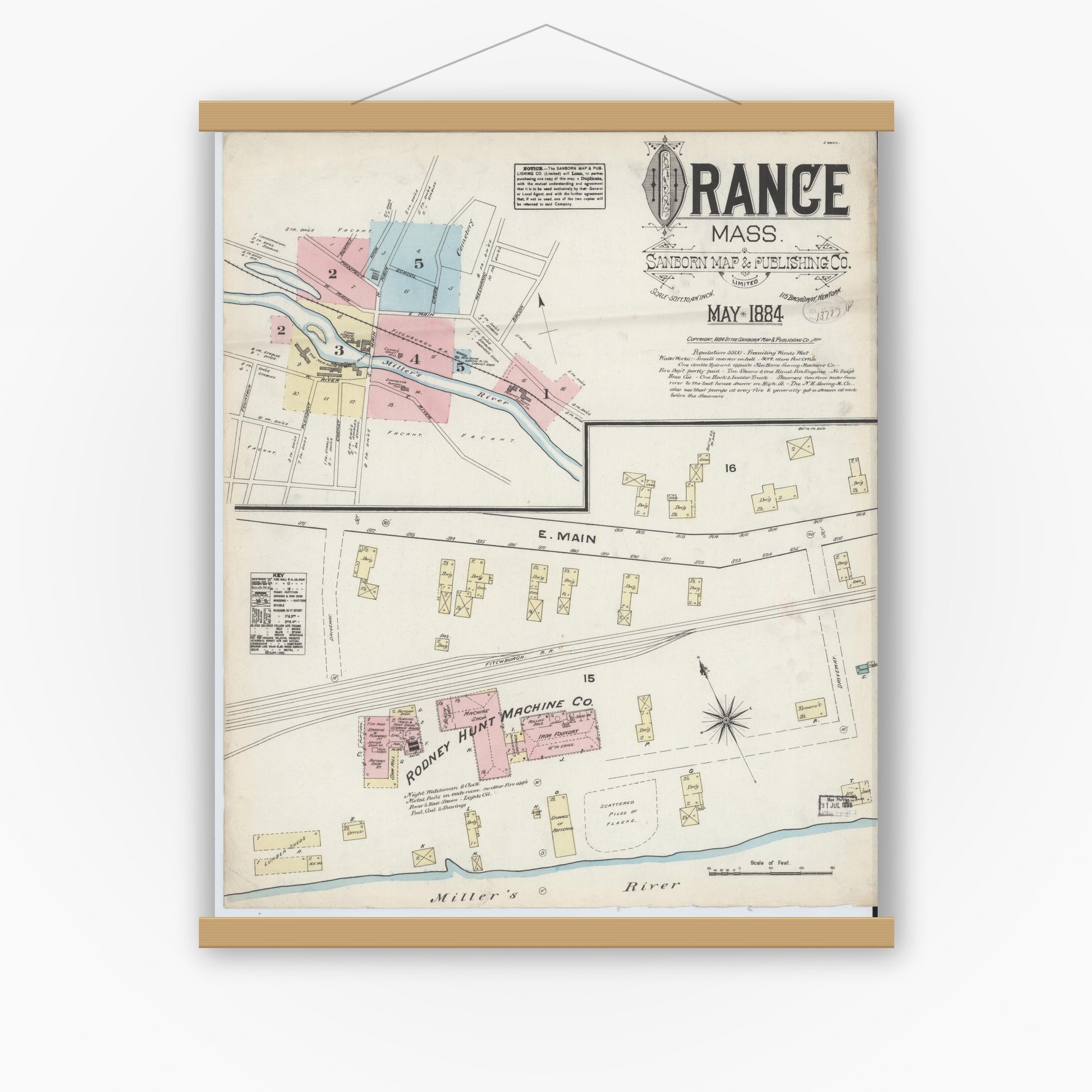 Old map wall art mockup — magnetic wood frame on white wall — Sanborn Fire Insurance Map from Orange, Franklin County, Massachusetts (1884) - Complete Map Set