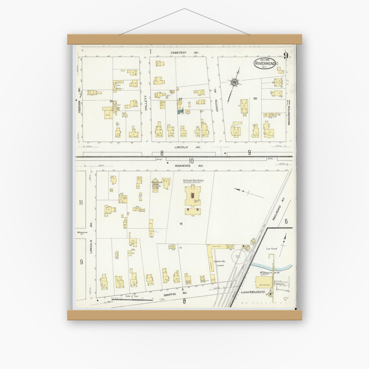 Old map wall art mockup — magnetic wood frame on white wall — Sanborn Fire Insurance Map from Riverhead, Suffolk County, New York (1909), Sheet #0009