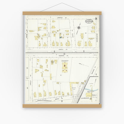 Old map wall art mockup — magnetic wood frame on white wall — Sanborn Fire Insurance Map from Riverhead, Suffolk County, New York (1909), Sheet #0009