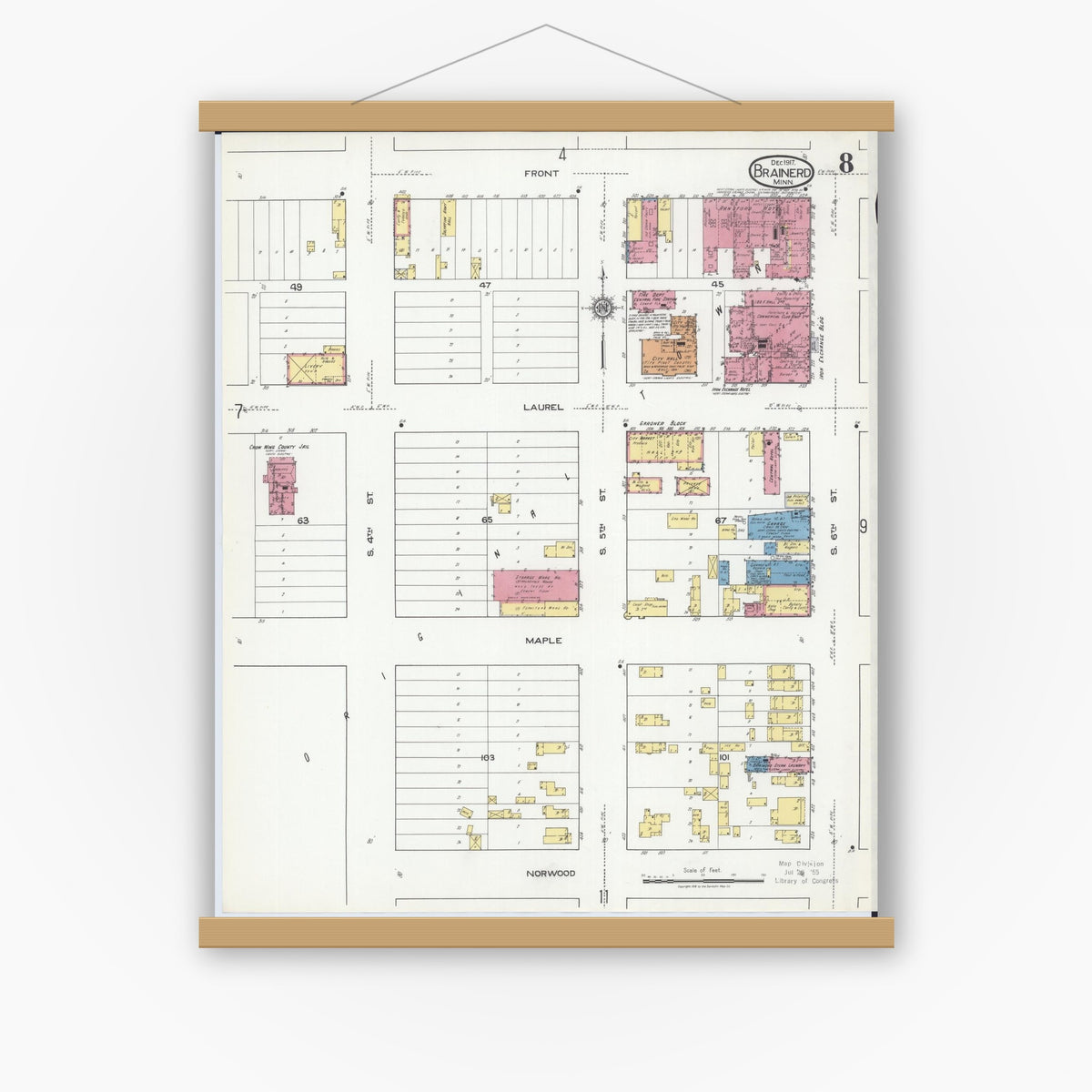 Old map wall art mockup — magnetic wood frame on white wall — Sanborn Fire Insurance Map from Brainerd, Crow Wing County, Minnesota (1917), Sheet #0008