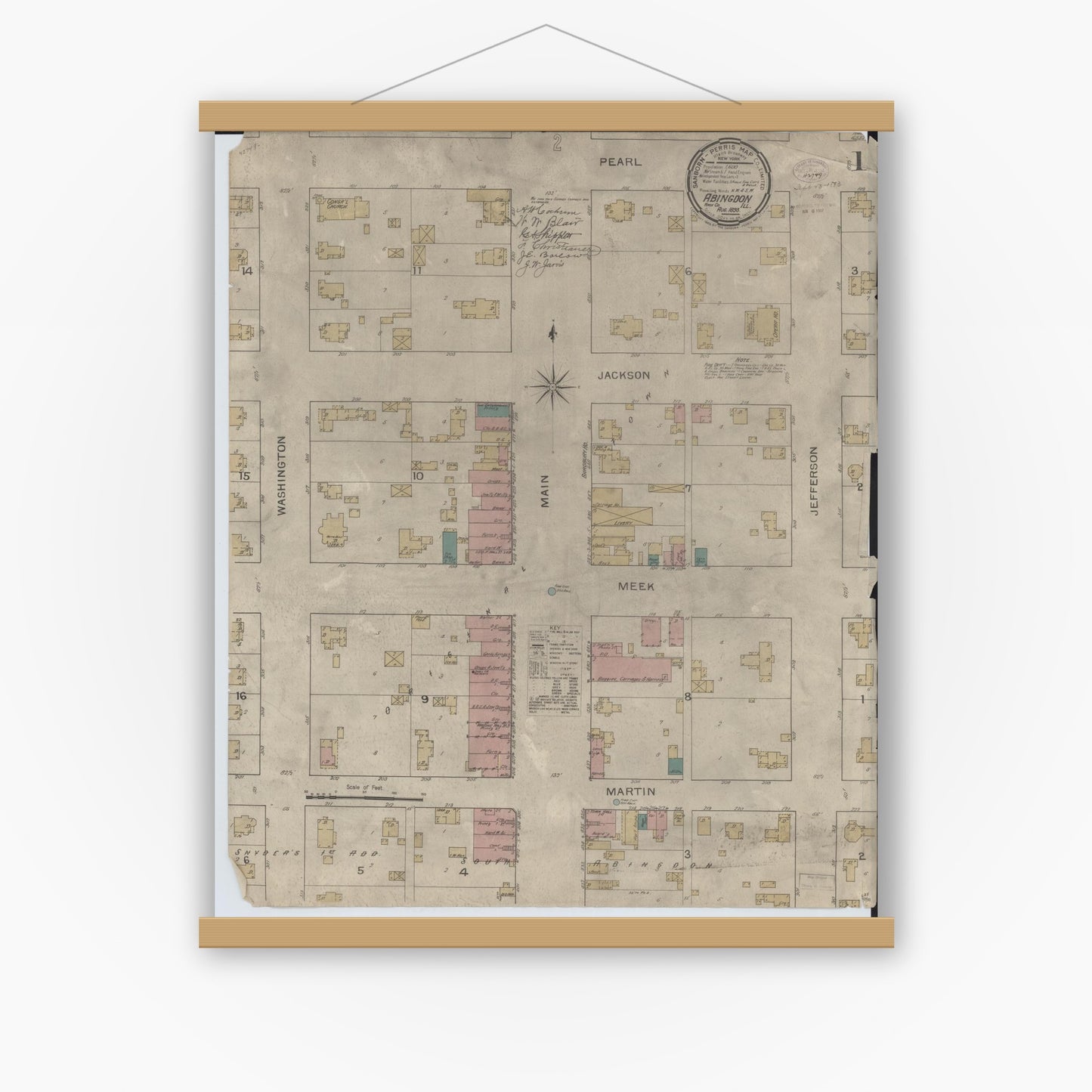 Old map wall art mockup — magnetic wood frame on white wall — Sanborn Fire Insurance Map from Abingdon, Knox County, Illinois (1893) - Complete Map Set