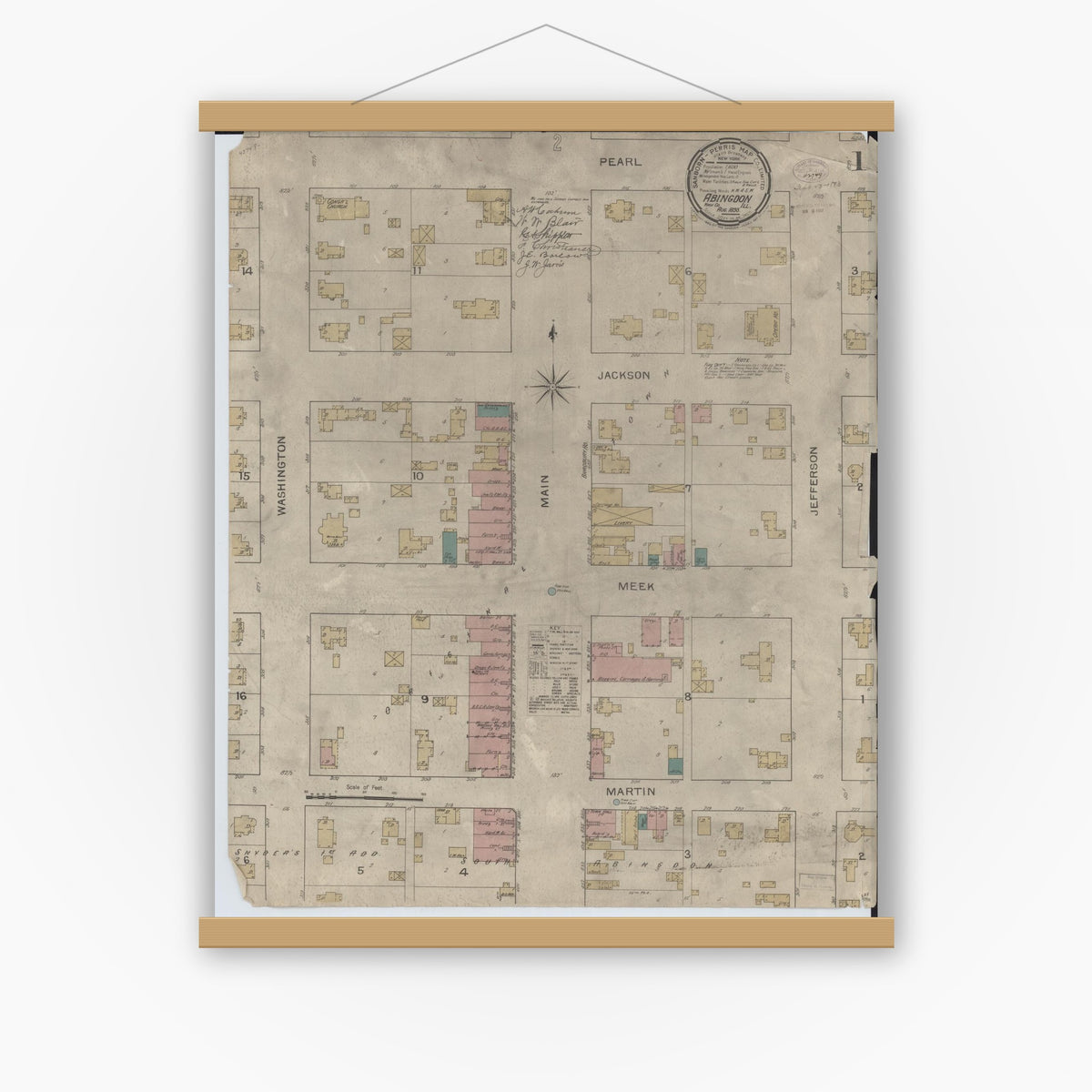 Old map wall art mockup — magnetic wood frame on white wall — Sanborn Fire Insurance Map from Abingdon, Knox County, Illinois (1893) - Complete Map Set