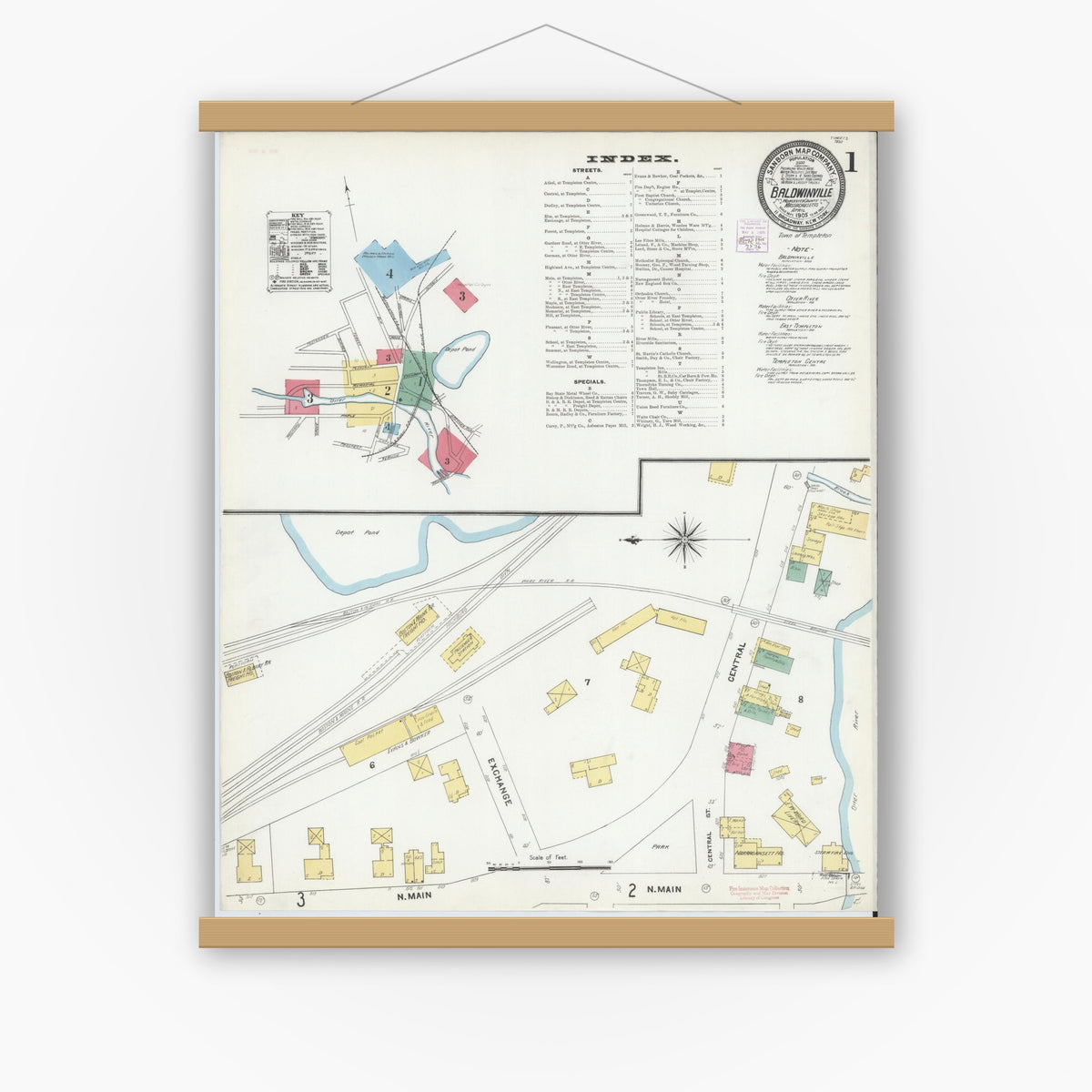 Old map wall art mockup — magnetic wood frame on white wall — Sanborn Fire Insurance Map from Baldwinville, Worcester County, Massachusetts (1905) - Complete Map Set