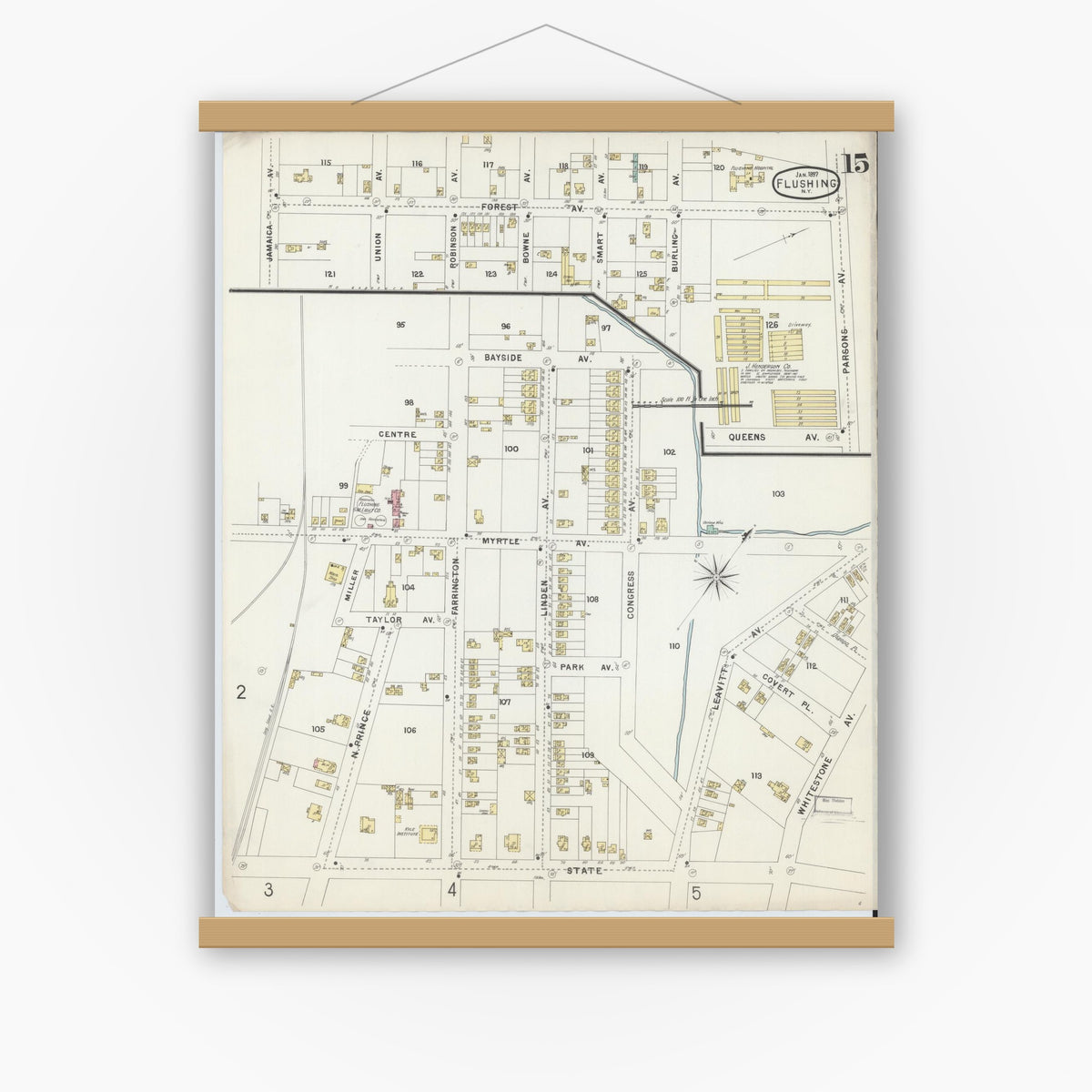 Old map wall art mockup — magnetic wood frame on white wall — Sanborn Fire Insurance Map from Flushing, Queens County, New York (1897), Sheet #0015