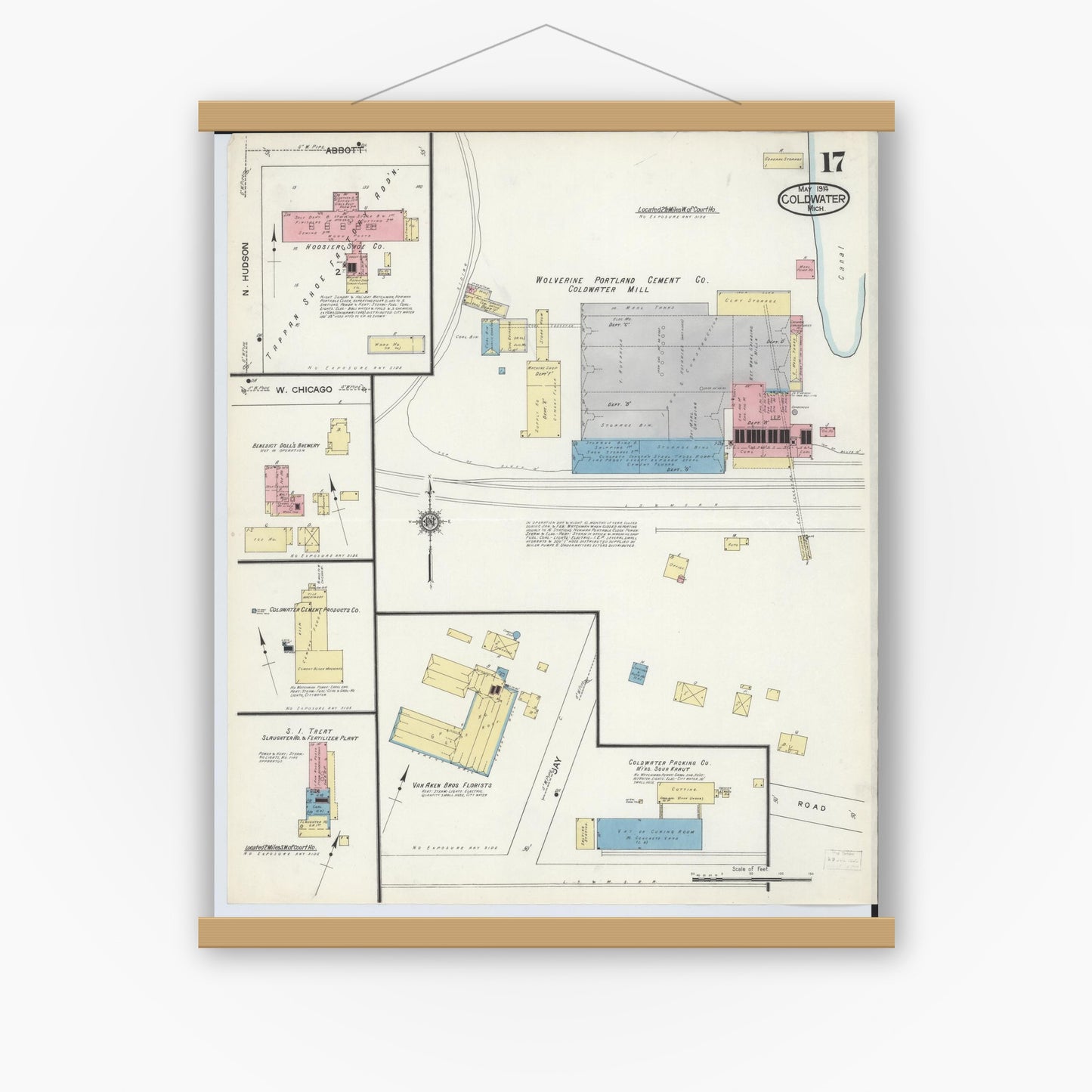 Old map wall art mockup — magnetic wood frame on white wall — Sanborn Fire Insurance Map from Coldwater, Branch County, Michigan (1914), Sheet #0017