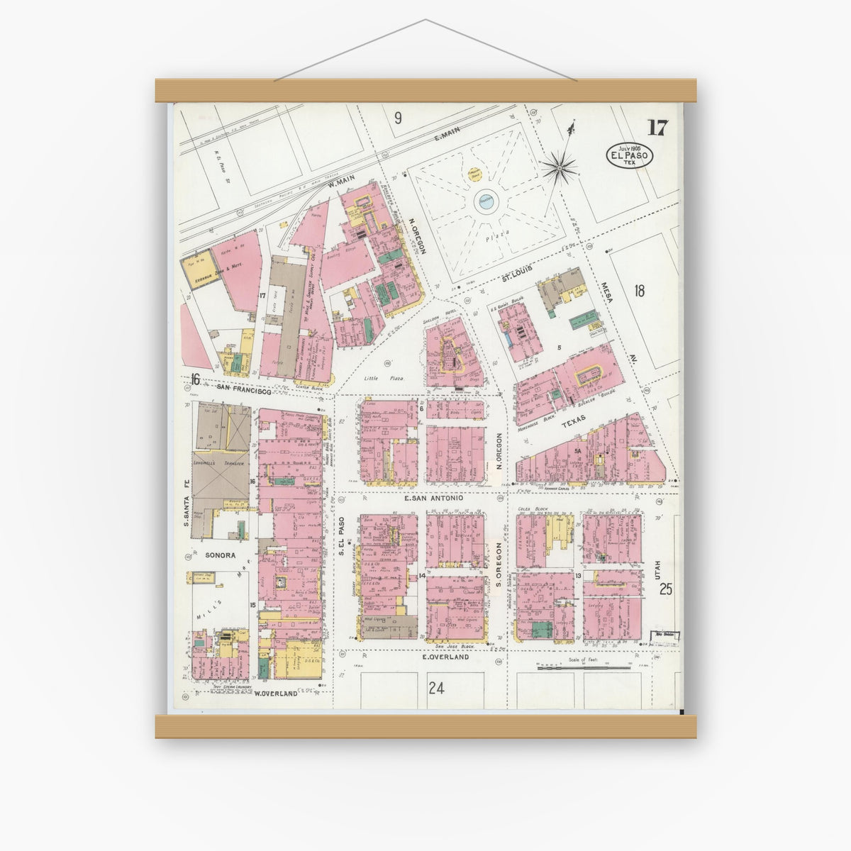 Old map wall art mockup — magnetic wood frame on white wall — Sanborn Fire Insurance Map from El Paso, El Paso County, Texas (1905), Sheet #0017