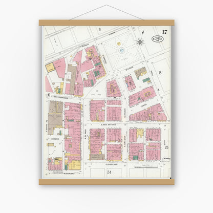 Old map wall art mockup — magnetic wood frame on white wall — Sanborn Fire Insurance Map from El Paso, El Paso County, Texas (1905), Sheet #0017