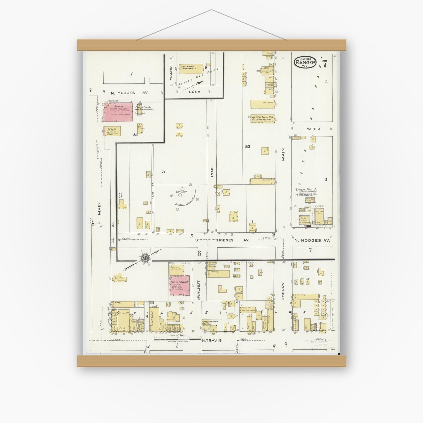 Old map wall art mockup — magnetic wood frame on white wall — Sanborn Fire Insurance Map from Ranger, Eastland County, Texas (1920), Sheet #0007