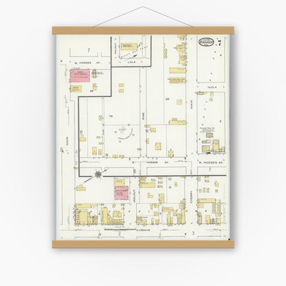 Old map wall art mockup — magnetic wood frame on white wall — Sanborn Fire Insurance Map from Ranger, Eastland County, Texas (1920), Sheet #0007