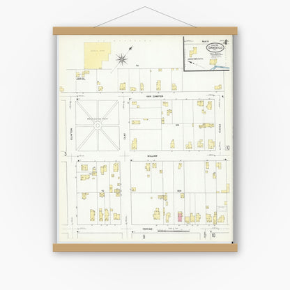 Old map wall art mockup — magnetic wood frame on white wall — Sanborn Fire Insurance Map from Dansville, Livingston County, New York (1909), Sheet #0004