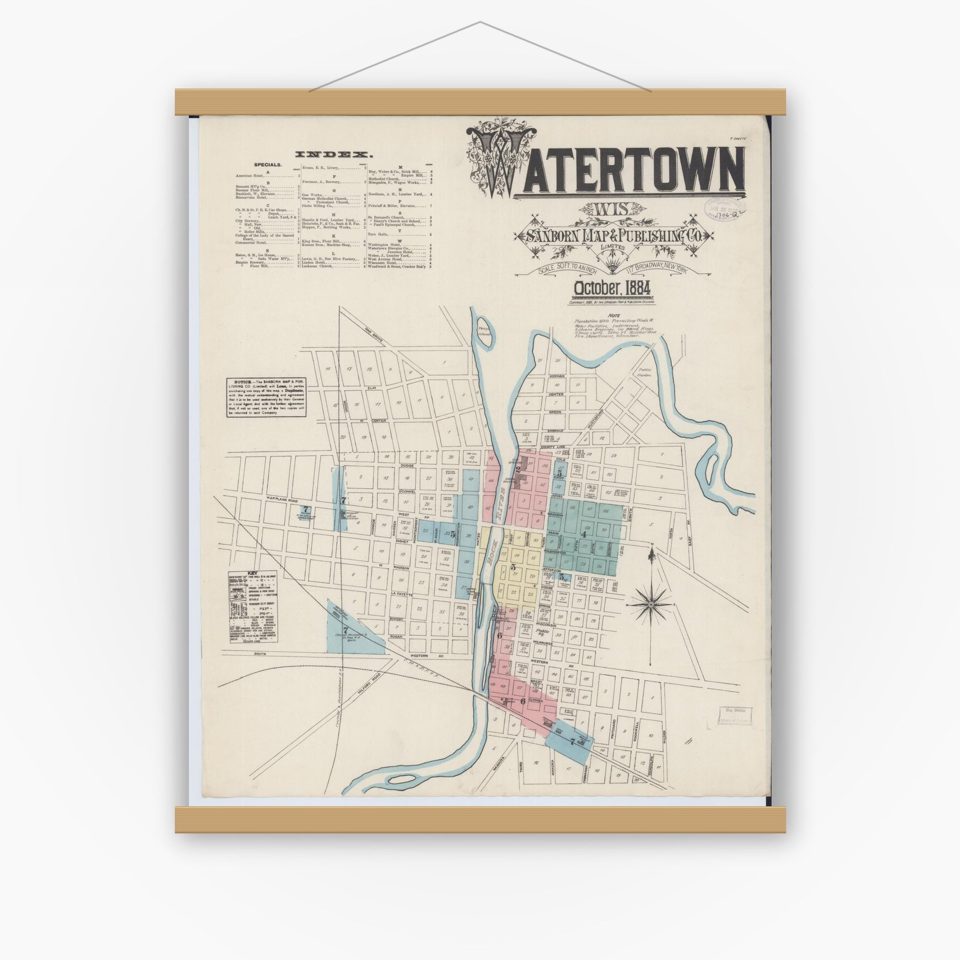 Old map wall art mockup — magnetic wood frame on white wall — Sanborn Fire Insurance Map from Watertown, Jefferson County, Wisconsin (1884), Sheet #0001