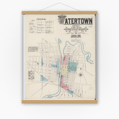 Old map wall art mockup — magnetic wood frame on white wall — Sanborn Fire Insurance Map from Watertown, Jefferson County, Wisconsin (1884), Sheet #0001