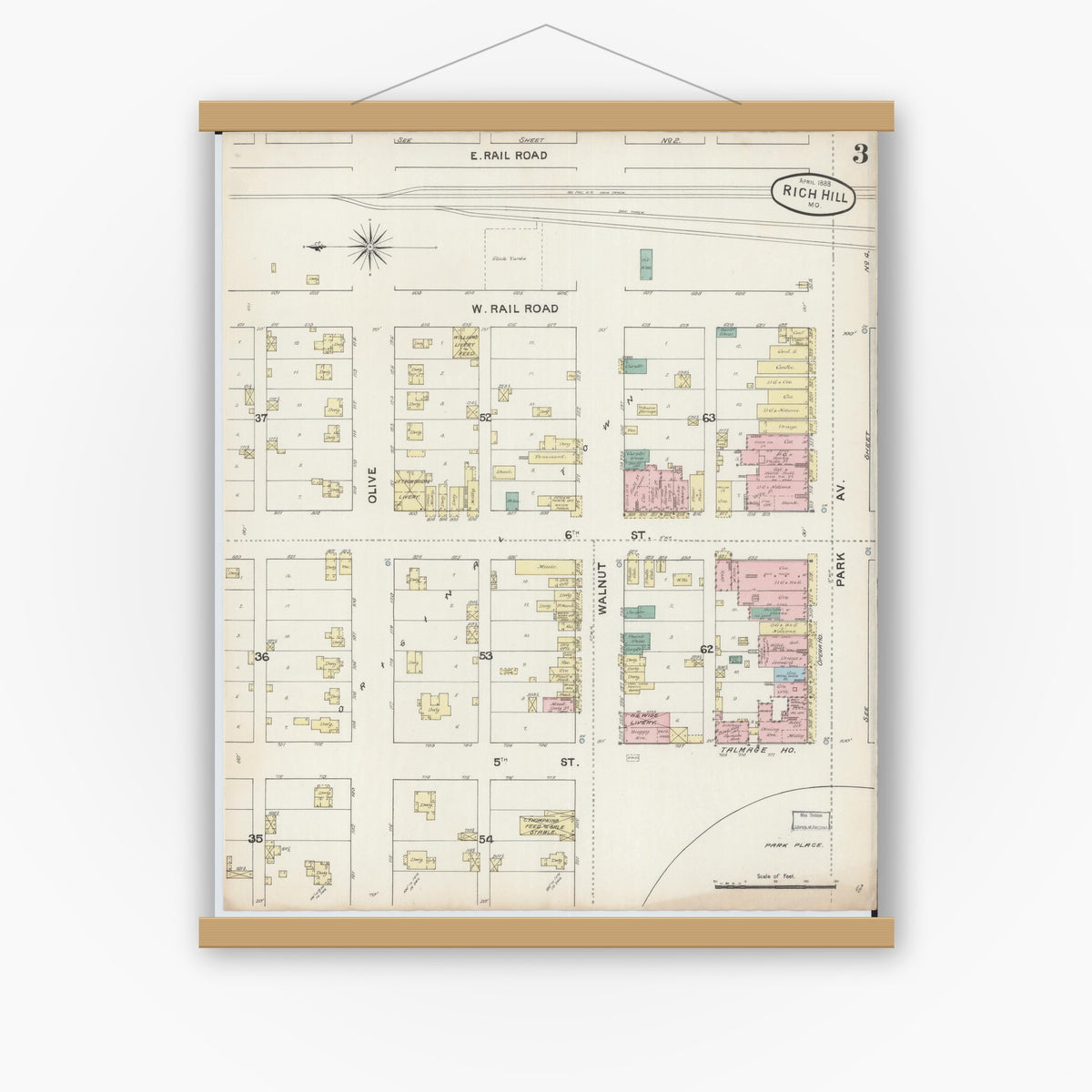 Old map wall art mockup — magnetic wood frame on white wall — Sanborn Fire Insurance Map from Rich Hill, Bates County, Missouri (1888), Sheet #0003