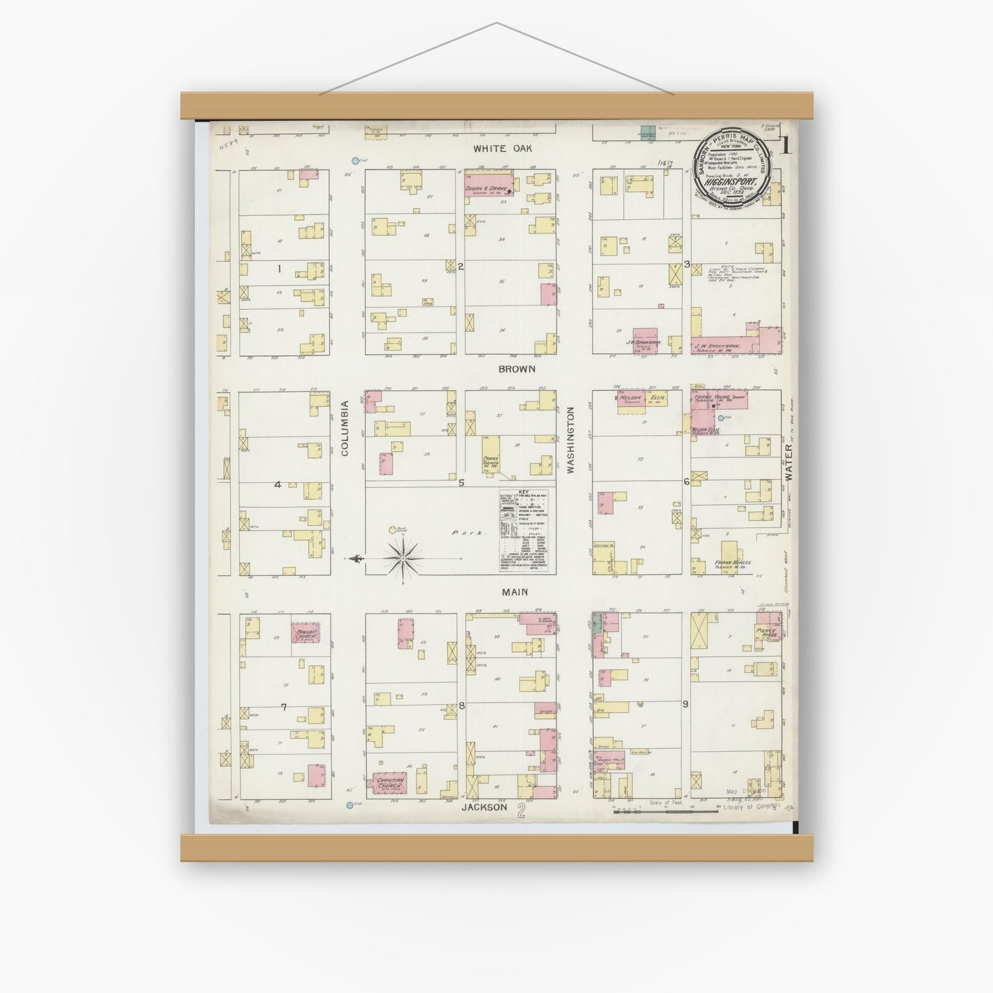 Old map wall art mockup — magnetic wood frame on white wall — Sanborn Fire Insurance Map from Higginsport, Brown County, Ohio (1892), Sheet #0001