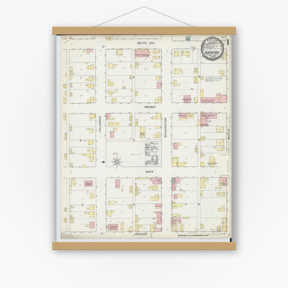 Old map wall art mockup — magnetic wood frame on white wall — Sanborn Fire Insurance Map from Higginsport, Brown County, Ohio (1892), Sheet #0001