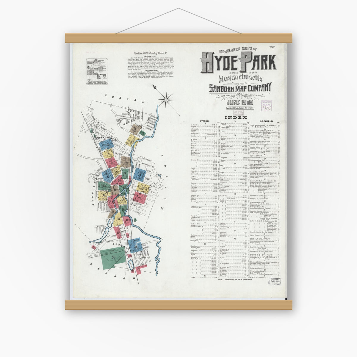 Old map wall art mockup — magnetic wood frame on white wall — Sanborn Fire Insurance Map from Hyde Park, Norfolk County, Massachusetts (1905) - Complete Map Set