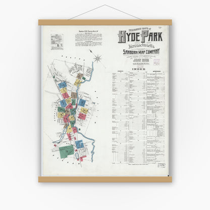 Old map wall art mockup — magnetic wood frame on white wall — Sanborn Fire Insurance Map from Hyde Park, Norfolk County, Massachusetts (1905) - Complete Map Set