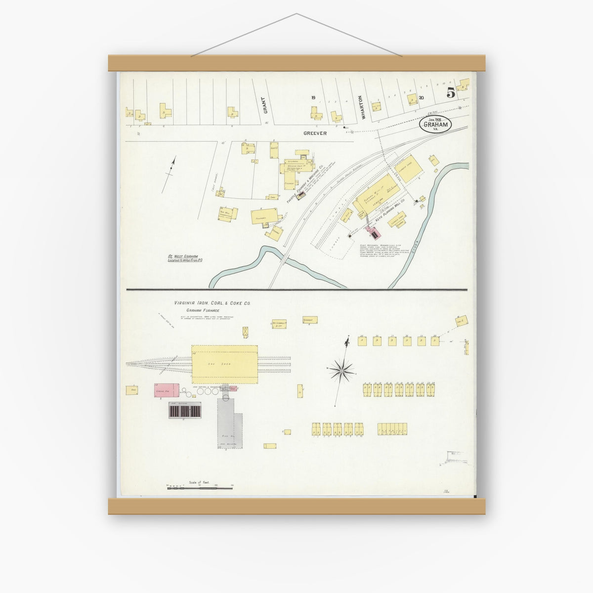 Old map wall art mockup — magnetic wood frame on white wall — Sanborn Fire Insurance Map from Graham, Tazewell County, Virginia (1908), Sheet #0005