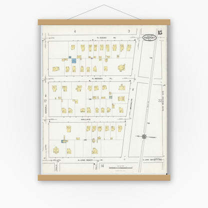 Old map wall art mockup — magnetic wood frame on white wall — Sanborn Fire Insurance Map from Freeport, Nassau County, New York (1917), Sheet #0015