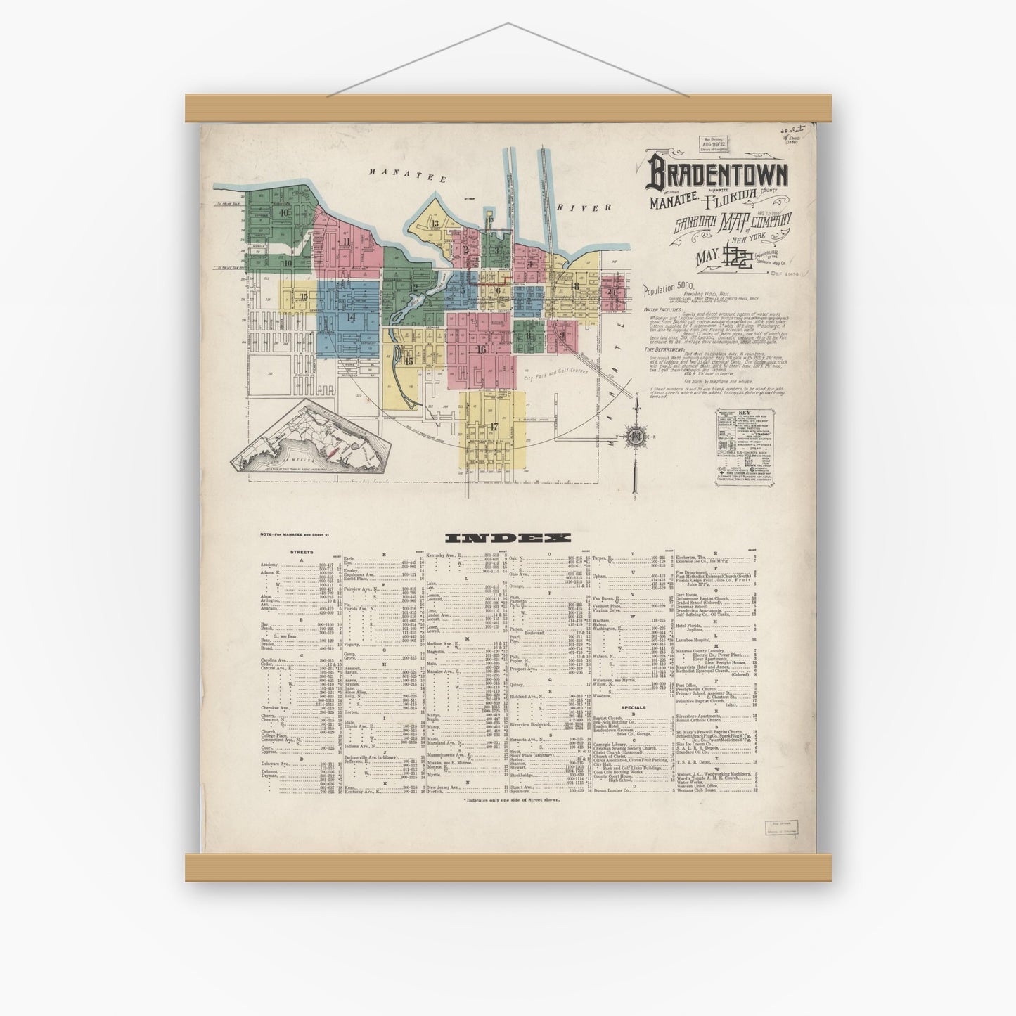 Old map wall art mockup — magnetic wood frame on white wall — Sanborn Fire Insurance Map from Bradentown, Manatee County, Florida (1922), Sheet #0001